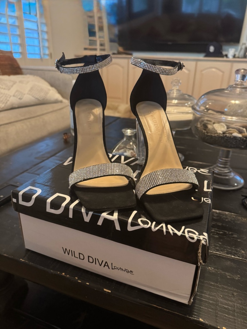DIVA Lounge Black Rhinestone Ankle-Strap Heels
